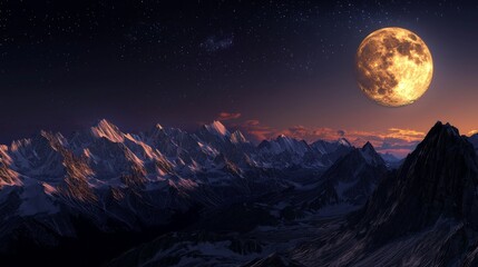 Majestic Mountain Landscape Under a Full Moon Illuminating the Night Sky