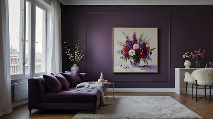 In a gorgeous, pricey apartment, a square purple painting with motifs of flowers in a vase hangs on a white wall. There is plenty of open space on the sides. White walls covered in snow A lavish, pric
