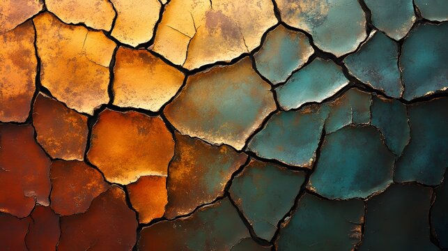 Intricate cracked texture in warm and cool earth tones. Abstract art with a rich color palette. Macro Texture Backgrounds. Abstract Crackled Texture: A Symphony of Earth Tones