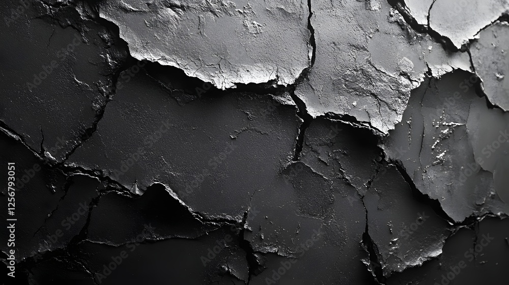 Poster close-up abstract image of a dark, cracked texture. monochromatic shades of black and grey create a 