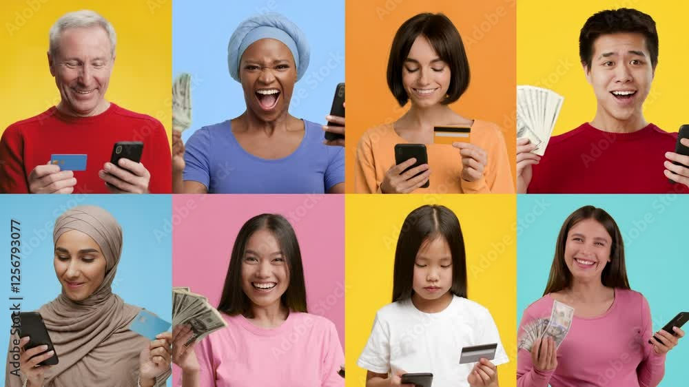 Aufkleber a diverse group of individuals share their excitement while using smartphones and handling money. th