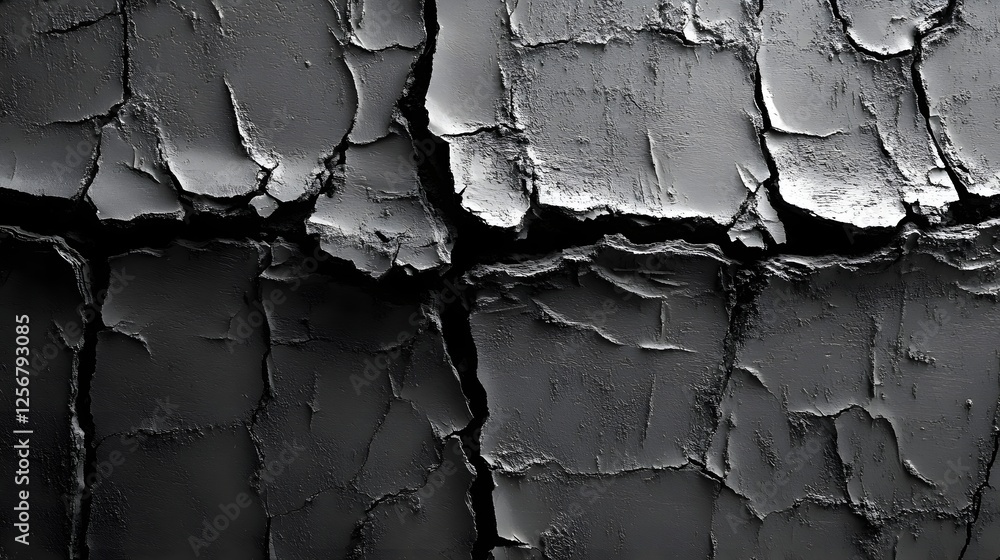 Poster close-up view of a cracked black surface. abstract monochrome texture background. macro texture back