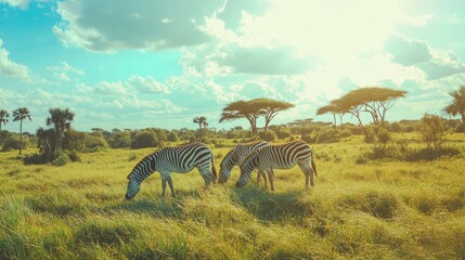 Fototapeta premium Three Zebras Grazing on Green Grass Under Blue Sky in Savanna