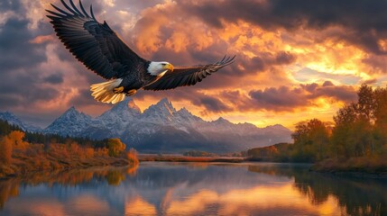 Majestic Bald Eagle Soaring at Sunset over Mountain River Landscape