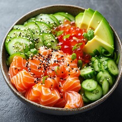 Salmon poke bowl, avocado, cucumber, healthy lunch