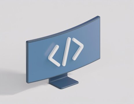 3D curved monitor displays the code brackets signifying digital creation