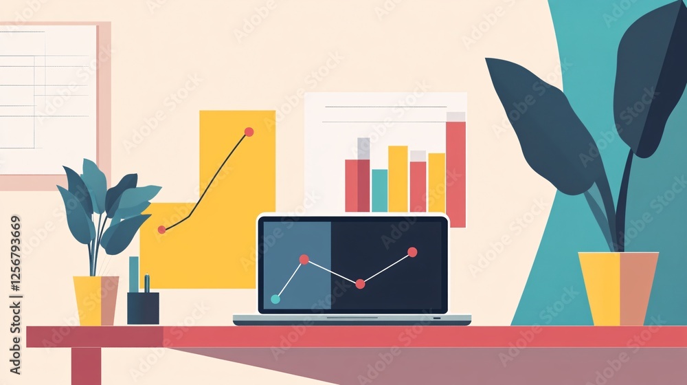 Aufkleber illustration of a modern workspace showing positive data and charts