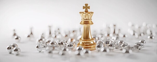 Golden queen chess piece standing out from the crowd of fallen silver chess pieces