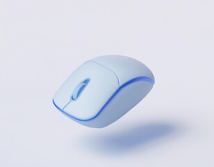 3D light blue wireless computer mouse floats against a white background