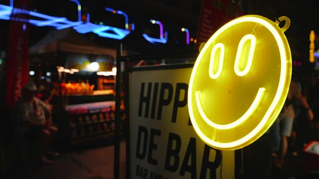 Smiley face yellow neon sign on the night street. Marijuana legalization and cannabis shop for tourists in Thailand