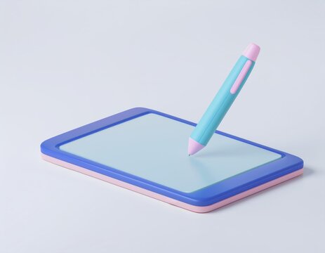 3D pastel blue stylus hovers above a blank pastel blue and pink tablet