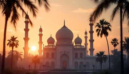 Condolence poster design highlighting a serene mosque silhouette in the foreground, set against an orange and beige sunset sky, with no text or logos present.