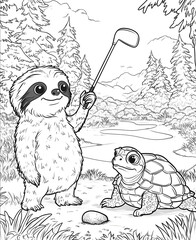 the cute sloth and his friend turtle are playing golf in Montenegro It is for a coloring book so it has to be only black and white more white than any other co