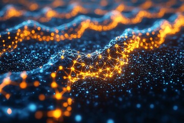 Fototapeta premium Abstract representation of interconnected nodes and flowing waves in a digital landscape