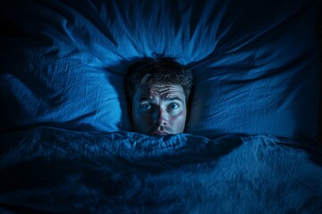 Scared child lying in bed under blue moonlight with eyes wide open in fear