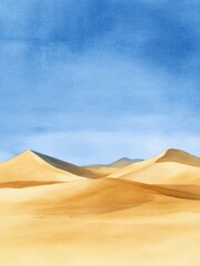 Golden sand dunes stretch under a clear blue sky in a serene watercolor landscape. Generative AI