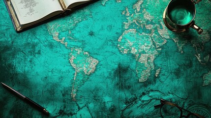 Teal world map, travel planning, book, tea, glasses