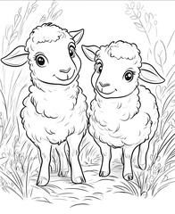 coloring page for kids 4 age very cute two sheeps cartoon style on a white background low detail fine lines