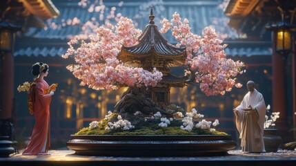 Fototapeta premium Tranquil Japanese garden scene with cherry blossom and traditional figures