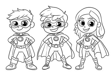 Generate an colouring page with a group of 4 superheros for kids in the age range of 3 to 8 years The Colouring pages are meant for the World Pharmacy Month wh