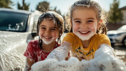 Obraz premium Joyful Bubbles: Two Girls' Car Wash Adventure