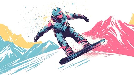 Snowboarder jumping, mountain background, winter sport graphic, design element