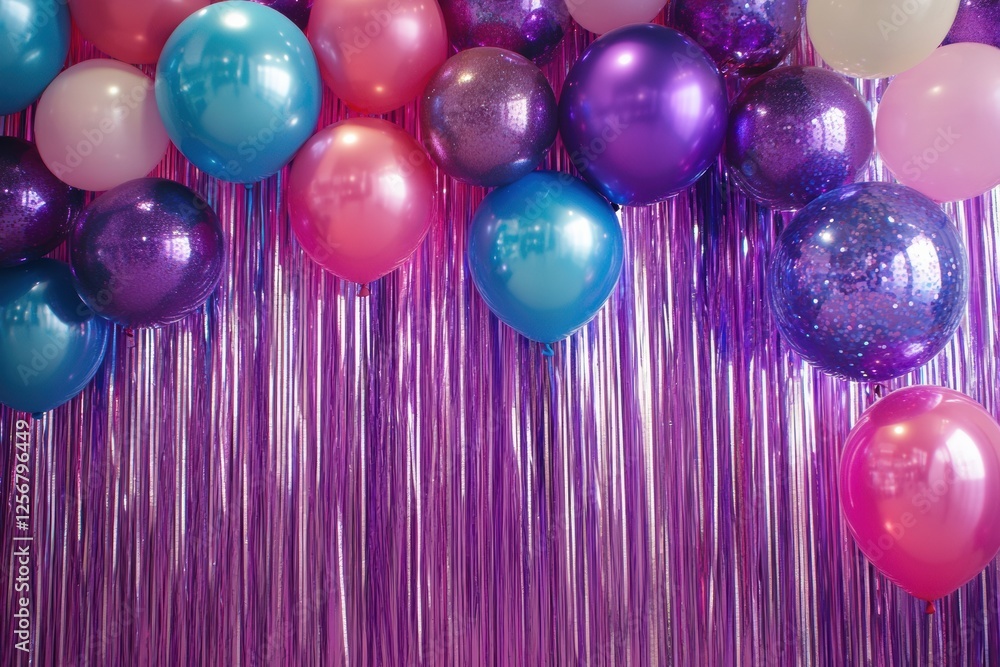 Poster festive party backdrop featuring colorful balloons and shimmering tinsel for a joyful celebration. g