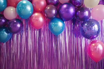 Festive party backdrop featuring colorful balloons and shimmering tinsel for a joyful celebration. Generative AI