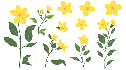 Fototapeta premium Collection of Yellow Flowers Botanical Illustrations with Green Leaves