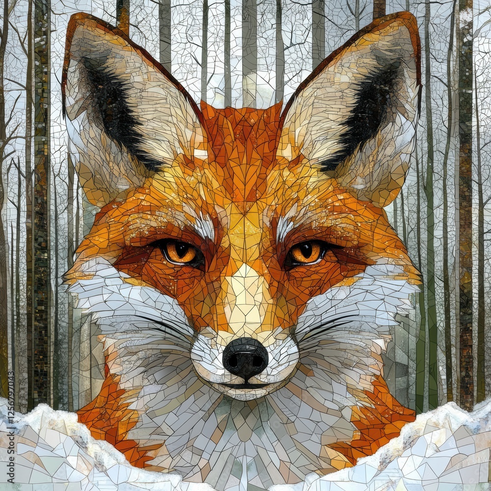 Leinwandbilder intricate mosaic fox portrait with tessellated patterns in a snowy forest setting. generative ai