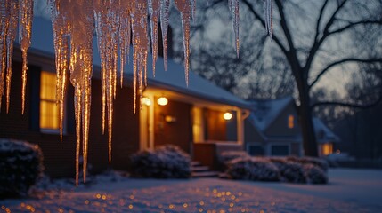 Cozy Winter Evening with Icicles and Snowy Landscape