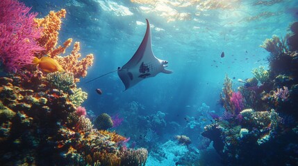 Fototapeta premium Majestic Manta Ray Swimming Through Vibrant Coral Reef Underwater