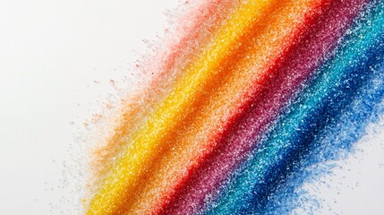 Diagonal rainbow colored sugar crystals sprinkled on white background