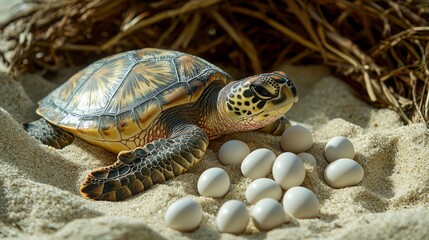 Obraz premium Sea Turtle Nesting Near Fresh Eggs on Sandy Shore