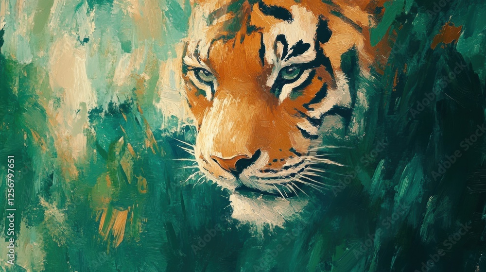 Leinwandbilder impressionist tiger portrait set against a vibrant jungle background with ample space for text. gene