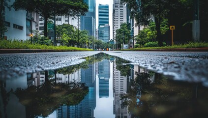 Fototapeta premium Urban Reflection: Skyscrapers Mirrored in a Puddle After Rain