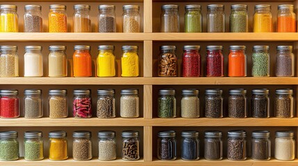 Various spices sitting on wooden shelves with jars