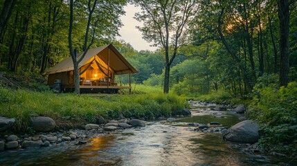 Obraz premium Cozy Tent Cabin by Serene Stream in Lush Green Forest