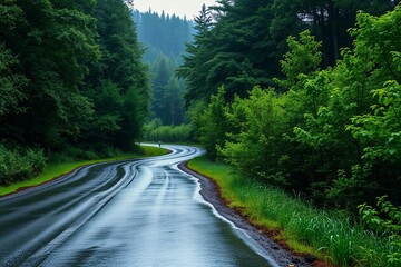 Curving wet road through lush green forest in calm natural setting