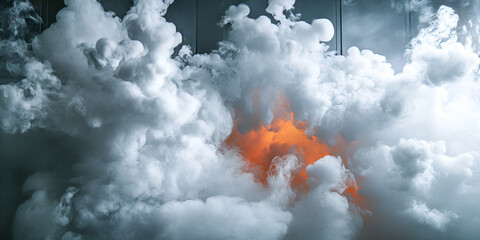 Dramatic smoke explosion with glowing orange light, Science fiction concept, Chemical reaction effect