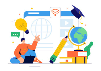 Online Education and Knowledge Books Vector Illustration Featuring People Studying with School Supplies and Learning Materials in a Background