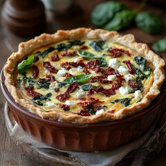 Spinach, sun-dried tomato quiche on wooden table