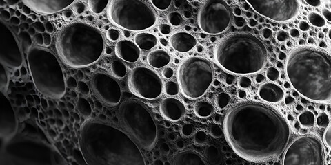 Close-up of abstract black and white porous material with organic pattern, Microstructure detail
