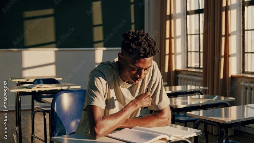 Poster a contemplative video capturing a student reading alone in a sunlit classroom, emphasizing solitude 