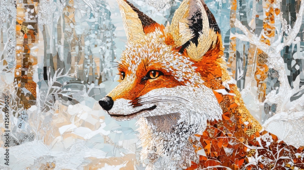Fototapete Mosaic fox portrait featuring intricate tessellated patterns in a snowy forest. Generative AI