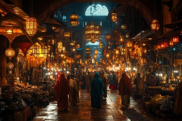 Obraz premium Night market, bustling crowd, illuminated stalls, exotic goods, travel brochure