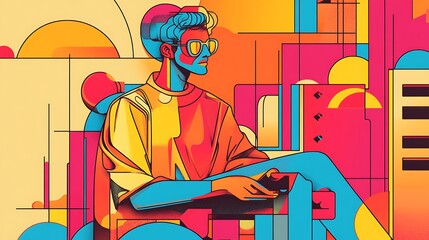Colorful stylized man relaxing in abstract city scene