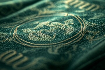 Gold cryptocurrency coin with intricate details placed on a dark textured surface