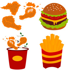 Collection of various fast food. Junk Meals Collection. fried chicken, burger, french fries. Perfect for menu or food package design. Cartoon cute hand drawn vector and Illustration