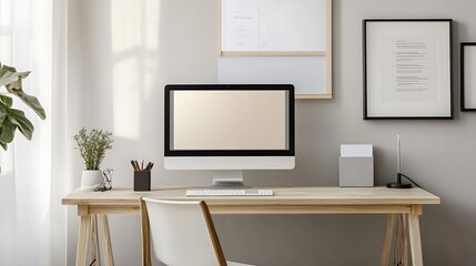 Modern workspace interior with computer and accessories